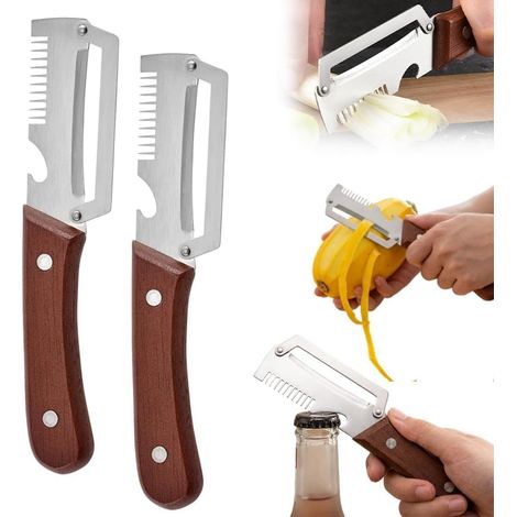 Éplucheur 3-en-1 avec Manche en Bois – Ustensile Multifonction en Acier Inoxydable, Coupe-Légumes Julienne et Décapsuleur, Économe Ergonomique pour Pommes de Terre, Carottes, Pommes, Kiwis (2 PCS)