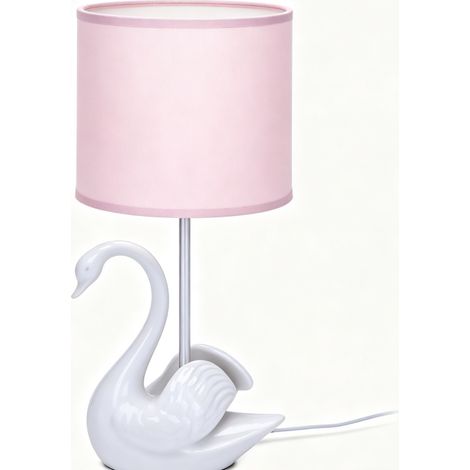 Lampe en Céramique avec Cygne Blanc et Abajour Rose – Douille E14, Décoration pour Chambre de Fille, Sans Ampoule, Design Mignon et Romantique (1/4)