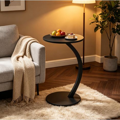 Table d’appoint ronde en C, table basse sur roulettes, MDF E1 et métal, noire, Ø 40 x H 65 cm (1/5)