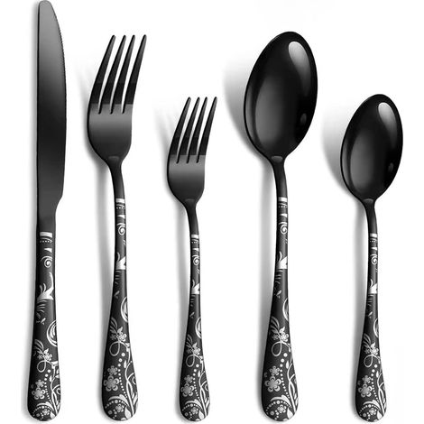 Couverts 20 pièces pour 4 personnes, Couverts de Table en acier inoxydable, Set Couverts de Table polis miroir, Couvert comprenant cuillère, couteau, fourchette (Noir) (1/5)