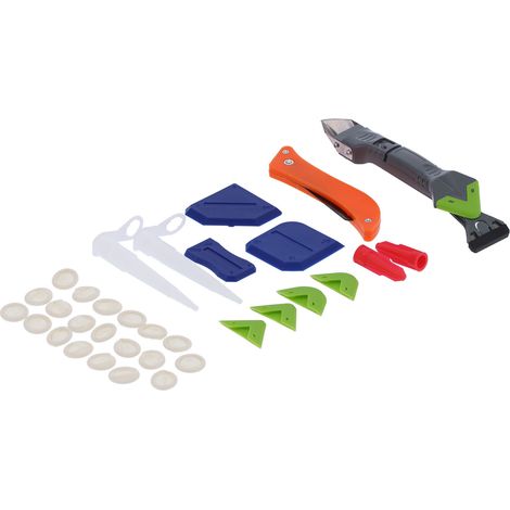 Kit d'outils pour le calfeutrage, comprenant un grattoir pour enlever la colle et le joint en silicone, idéal pour les sols et les fenêtres. Nettoyage de la colle et du joint en silicone. (1/5)