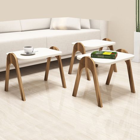 Mesa de Salón Cerrione, set de 3 piezas apilables, forma rectangular, tablero blanco, 49x36x42h cm, blanco crema (1/4)