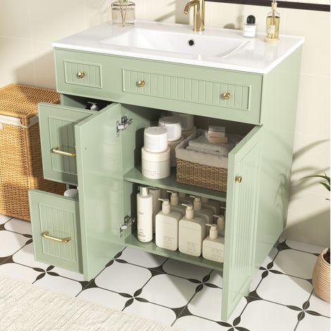 Mobile bagno sotto lavabo a pavimento con lavabo, 2 ante e 2 cassetti, in ceramica e MDF, verde (1/5)