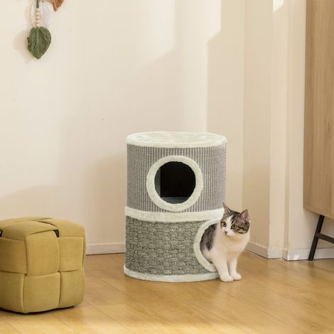 Griffoir en forme de tonneau, 49 cm de haut, Ø 35,5 cm, tonneau à deux étages pour chat avec rebord en peluche, tapis à griffer, 2 niches, kaki et café (1/5)