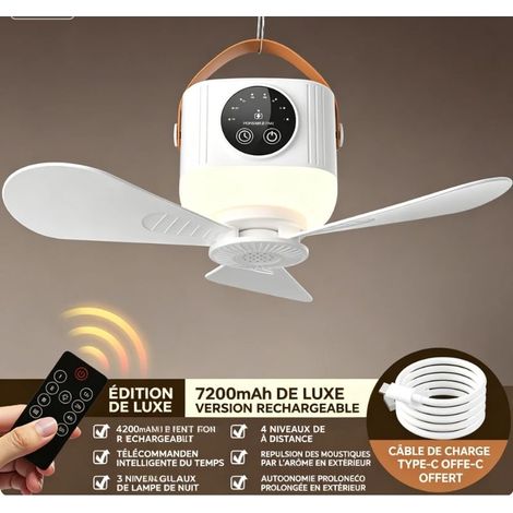 Tragbarer Ventilator mit Fernbedienung – Leiser USB-Ventilator (7200 mAh) mit 4 Geschwindigkeitsstufen und 3 warmen Lichtfarben – Hängender Reiseventilator mit Timer (1/5)