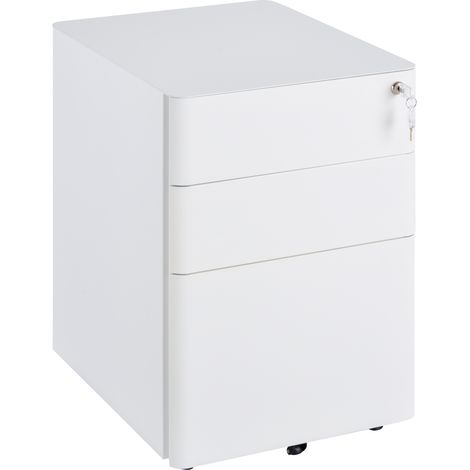 Meuble de classement mobile à 3 tiroirs avec roulettes, verrouillable, avec porte-revues suspendu et compartiment à stylos. Pour bureau ou télétravail. Dimensions : 39 x 48 x 59 cm. Couleur blanc.