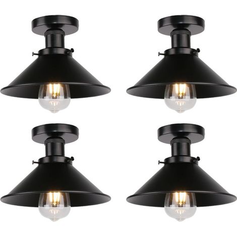 Plafonnier Vintage Rétro Lampe de Plafond Industrielle Fer Abat-jour 22cm Tout Noir 4PCS (1/5)