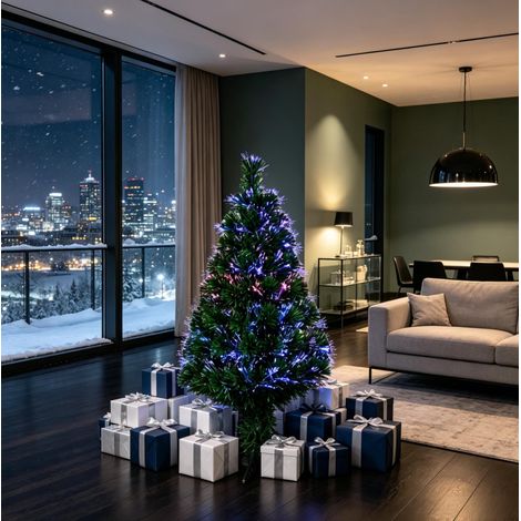 Árbol de Navidad artificial 90 cm verde con fibra óptica multicolor y base estable (1/5)