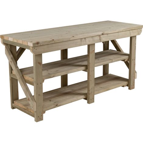 Indoor/outdoor workbench pressure treated station (H-90cm, D-64cm, L-240cm) with double shelf