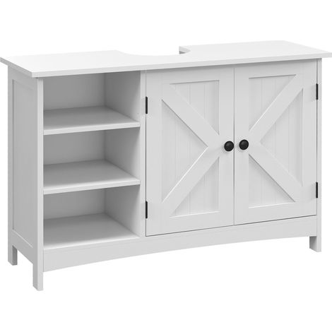 meuble de rangement pour salle de bain à deux portes avec étagères intérieures réglables en hauteur dimensions : 90 x 30 x 60 centimètres de couleur blanche