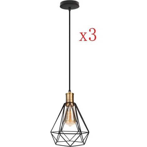 Lot de 3 Rétro Lampe Suspension en Cage Industrielle Noir Plafonnier Luminaire Fer Forge pour Salon Chambre (1/4)