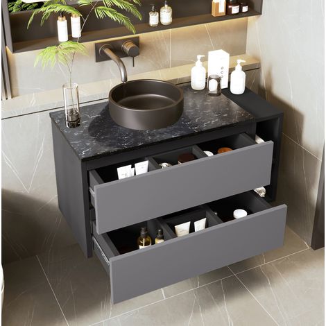 Meuble vasque inclus suspendu 80 cm avec vasque céramique, 2 tiroirs, noir et gris OKMYHOME (1/5)