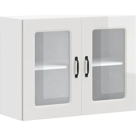 Armario de pared de cocina con puerta de cristal gran capacidad de almacenamiento 80 x 31 x 60 cm en madera de ingeniería blanca brillante 020050014 (1/5)