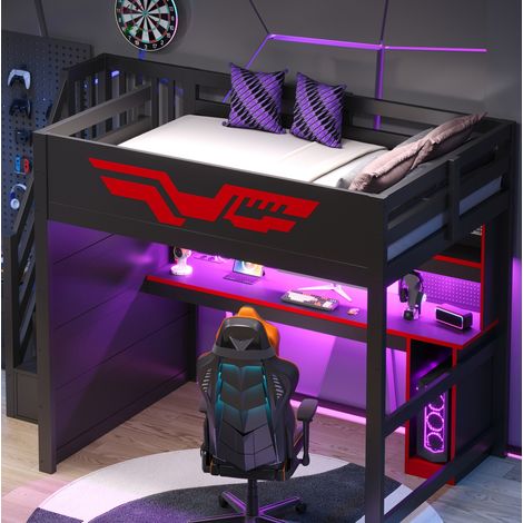 Etagenbett 140/200 cm in Schwarz-Rot mit Schreibtisch, Stauraumtreppe und LED (1/5)
