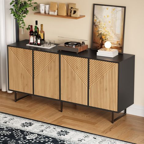 Credenza da soggiorno in truciolare con 4 ante, finitura legno naturale e nero, 160x40x75 cm (1/5)