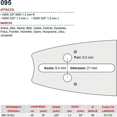 Barra motosega 40 cm - 16" passo .325" Spessore 1.5 mm - .058" attacco 095 - 451792