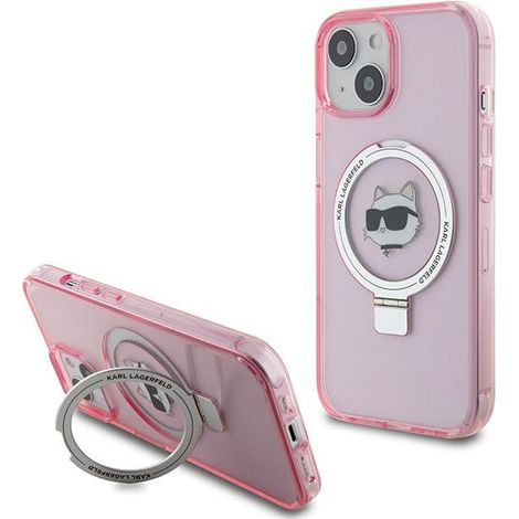 Coque rigide rose/rose Karl Lagerfeld KLHMP15SHMRSCHP pour iPhone 15/14/13 6,1" avec support anneau et tête Choupette MagSafe (1/5)