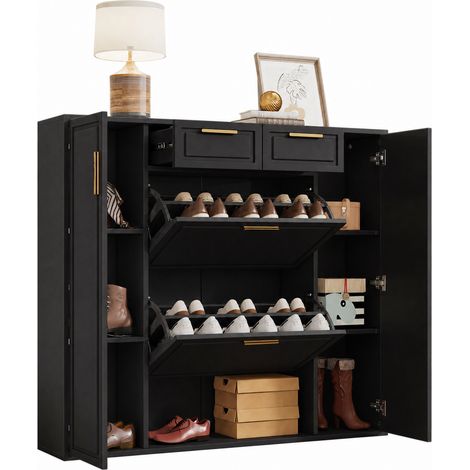 CHICFURN Meuble à chaussures noir avec étagères réglables, 2 tiroirs, 2 portes battantes, compartiments ouverts, poignées dorées, format gain de place pour entrée et couloir (1/5)