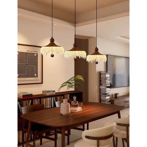 Lustre suspendu de style français d'époque, couleur noyer vintage, avec pendants en imitation cristal, pour une touche d'élégance dans la salle à manger, la chambre ou comme lampe de chevet (1/5)