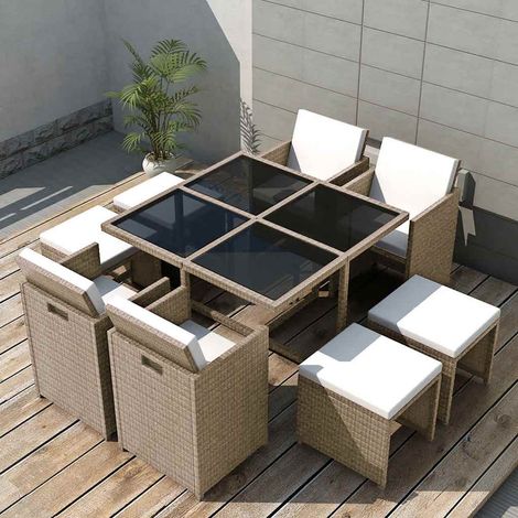 Salon de jardin encastrable avec coussins 9 pcs Ensemble Table et Chaise de Jardin - Rotin Beige BV597130 - BonneVie (1/5)