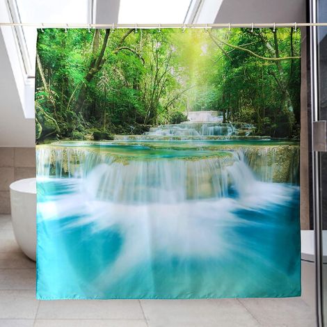 Rideau de douche 3D imperméable avec crochets, 100 % polyester, motif bateau et vert, 180 x 200 cm, style B (1/4)