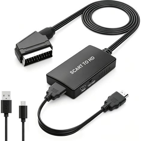Adaptateur Péritel vers HDMI 720P/1080P Convertisseur SCART HDMI Full HD avec Câble HDMI et Cordon USB, Switch Audio pour HDTV Moniteur TV Projecteur STB VHS Lecteur DVD Noir (1/5)