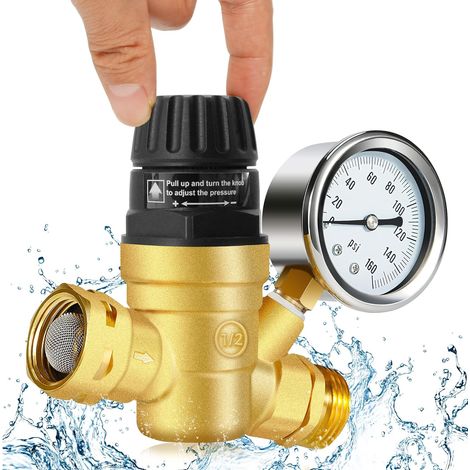 Régulateur de pression d'eau pour VR avec poignée réglable et manomètre, vanne de réduction de pression en laiton sans plomb GHT 160 PSI de 3/4 pouce avec 4 filtres d'entrée, convient aux VR, aux cara (1/5)