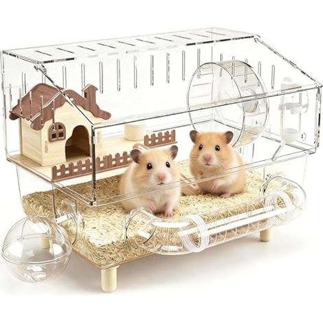 Cage Hamster, 43 x 30 x 34 cm Villa pour Hamster en Acrylique avec Espace de Repos Roue d'exercice Tunnel Salle de Bain Extérieure Bouilloire et Gamelle Maison à Deux étages pour Hérisson Furet (1/5)