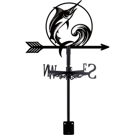 Girouette Poisson Marlin en Fonte Métal Noir Mat Girouette de Jardin Exterieur pour Toit Jardin Grange Indicateur de Direction du Vent 32x27cm (1/5)