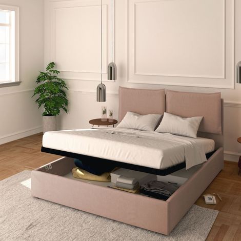 Baldiflex Letto Contenitore Matrimoniale 160x200 Licia in Tessuto con Rete a Doghe colore Rosa antico Flamingo (1/5)