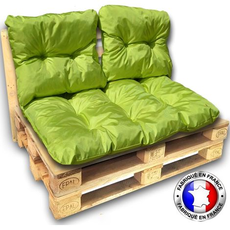 Kit complet 3 coussins palette imperméable vert 1 assise + 2 dossiers 120x80 cm (1/4)