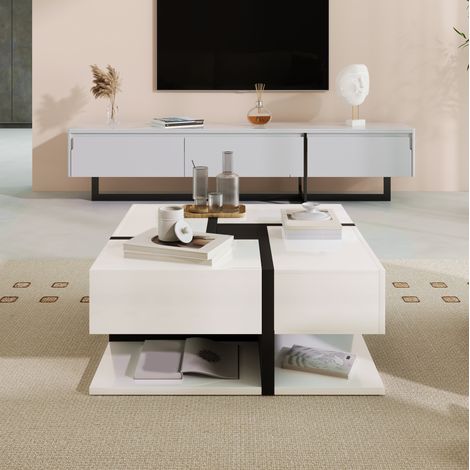 Table basse carrée 78 x 78 x 36 cm avec 4 tiroirs, rangement inférieur, finition brillante blanc et noir, design graphique moderne pour salon – CHICFURN (1/5)