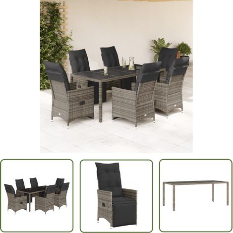 The Living Store Ensemble de bistro de jardin 7 pcs coussins gris poly rotin - Salon De Jardin - Set De Salon De Jardin - Mobilier De Jardin - Fauteuil Pliable - Chaises Pliantes (1/5)