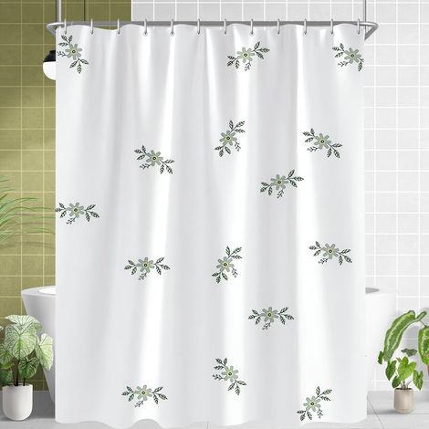 Rideau de douche 180 x 200 cm Petites feuilles, ourlet lesté, anti-moisissure, imperméable, lavable, en polyester, avec 12 œillets et anneaux de rideau de douche pour salle de bain, baignoire (1/5)