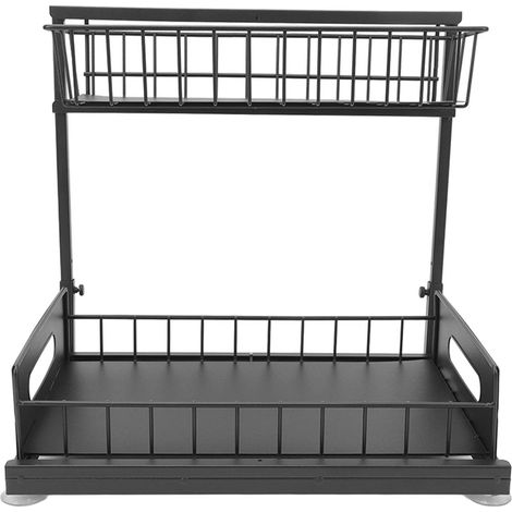 Organisateur de rangement sous évier avec panier coulissant à 2 niveaux, noir, pour salle de bain et cuisine.