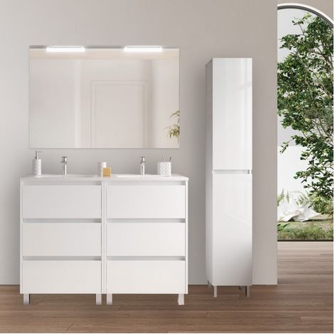 Mobile bagno a terra 120 cm 6 cassetti in legno bianco lucido con lavabo ad incasso - Nova - Con specchio e doppia lampada LED (1/5)