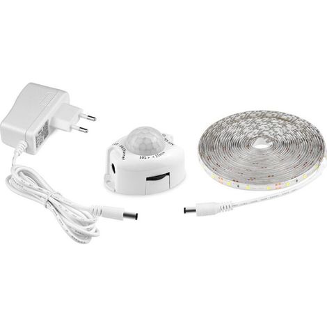 Ruban Led Avec Détecteur De Mouvements, Bande Led Flexible Autocollante,Étanche IP65 Avec Alimentation 12V Barre Lumineuse Pour Chambres, Salons, Cuisines, Armoires Et Décoration (5M, blanc) (1/4)