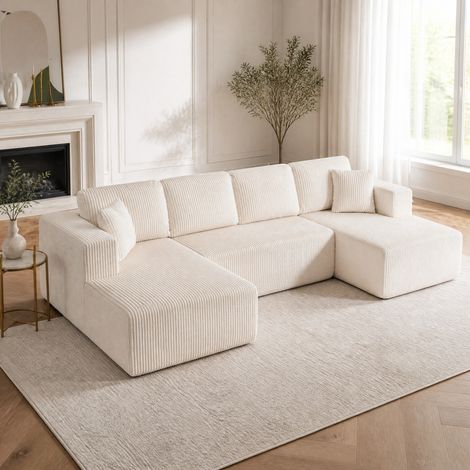 Sofá modular en U 332x156x88 cm de pana blanca, sin montaje para salón FloraGrace (1/5)