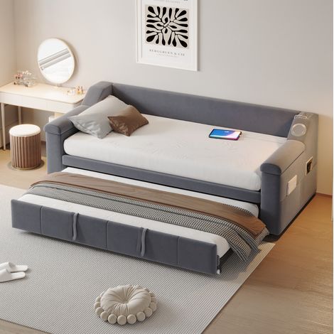 Bettsofa modern 90/180x190 cm grau, Samt, mit Bluetooth-Stereo, USB, Ablagefächern und Lattenrost (1/5)