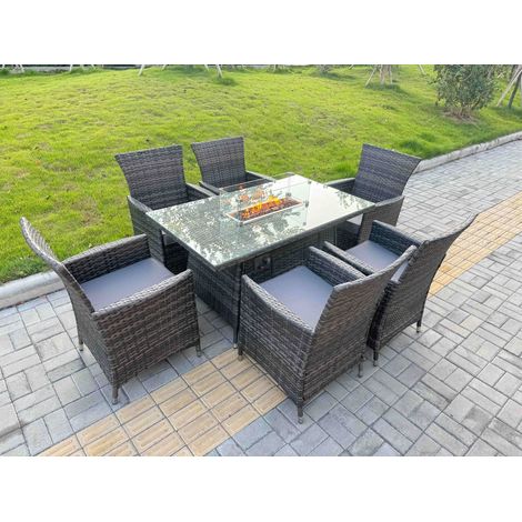 Fimous Rattan Garden Furniture Dining Set 6-seater Patio Rectangular Gas Firepit Table Chairs Outdoor Dark Grey Mixed (1/5)
