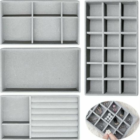 Lot de 4 Organisat Bijoux,Tiroir à bijoux Rangement Bijoux,Rangement Bijoux Tiroir,Plateau Bijoux Velours,Plateau Bijoux,Pour Ranger et Présenter Des Boucles D'oreilles, Des colliers, Des Ba (1/5)