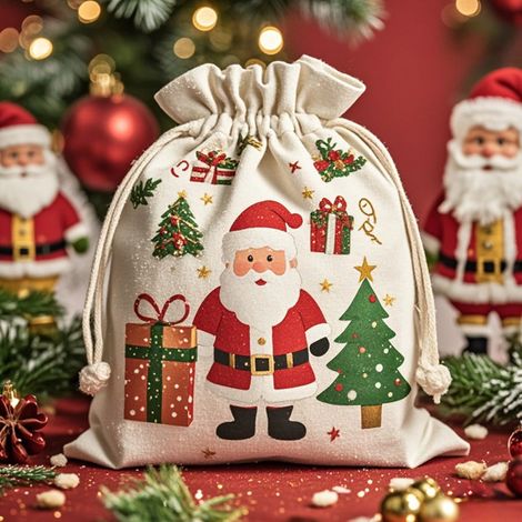 Sac Cadeau À Cordon - Toile Épaisse - Pour Cadeaux, Bonbons, Pommes - Décoration De Noël - Lot De 12 (1/5)