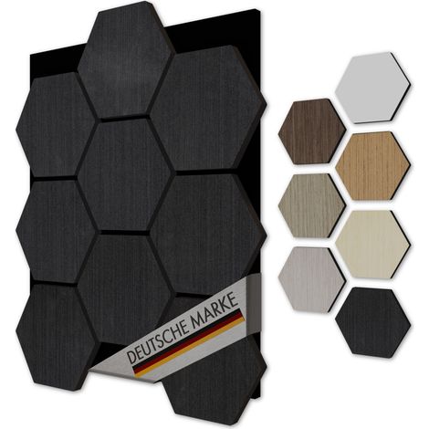 AKUSTIKO 3D Hexagon Wandpaneele Akustik Filz MDF Holzstruktur Wandverkleidung (5 Paneele, Oak Black)