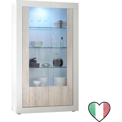 Credenza Vetrina alta soggiorno Laccato Bianco, 2 ante pino e vetro 110x190 - Urbino (1/2)