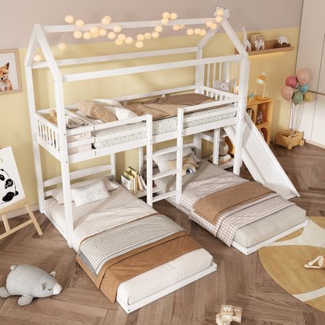 Litera infantil (272x206x221 cm), con tobogán, techo único, tres plazas, madera maciza y MDF, blanco (1/5)