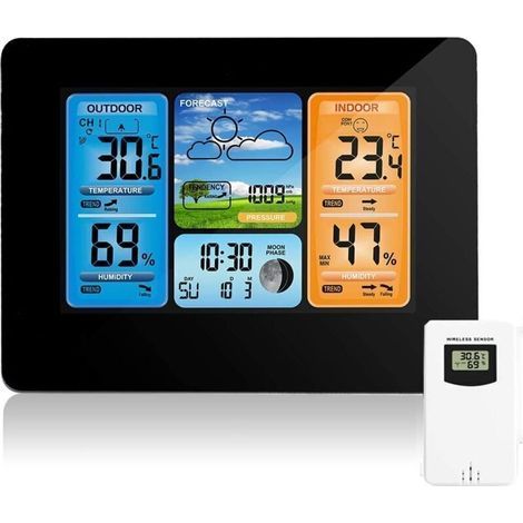 Station météo sans fil, station de prévision numérique couleur, thermomètre intérieur/extérieur, humidité, baromètre, alarme, phases de lune, horloge météo avec capteur extérieur (1/4)