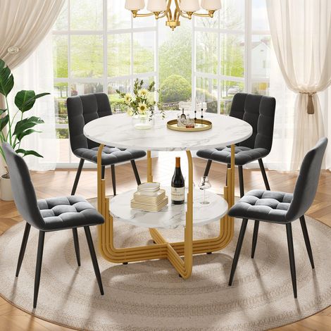Table à Manger - Ensemble 5 Pièces - Table Ronde 80 cm - Plateau Marbre Blanc - Chaises Velours Gris (1/4)