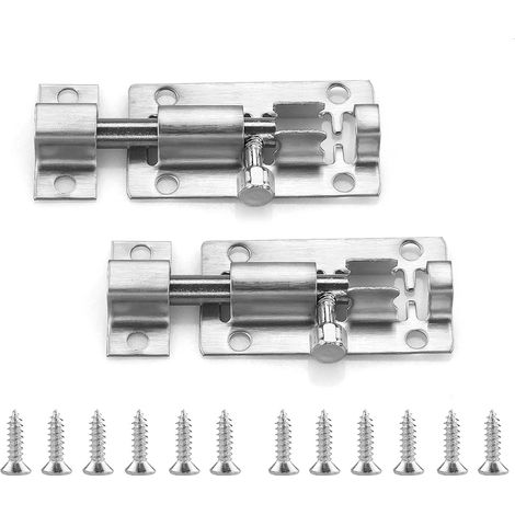 (Argent, 2 pouces) Lot de 2 serrures de porte en acier inoxydable, pêne dormant coulissant robuste, petite plaque de verrouillage pour jardin, chambre, salle de bain, armoires (1/5)