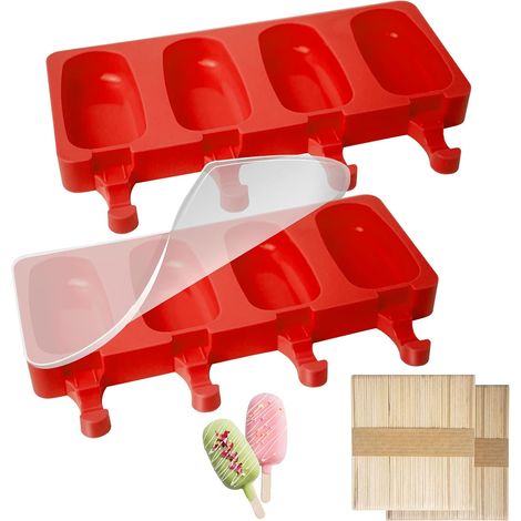 Lot de 2 Moules a Glace Silicone, 100 Batonnet En Bois et 50 Sacs de Glace, Sans BPA, Rouge (1/5)