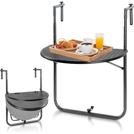 SWANEW Balkontisch Hängetisch Balkonhängetisch Klappbar Klapptisch Balkon Tisch 2 Tassenhalterungen, in Rattan-Optik, 60x40 cm Schwarz (1/5)